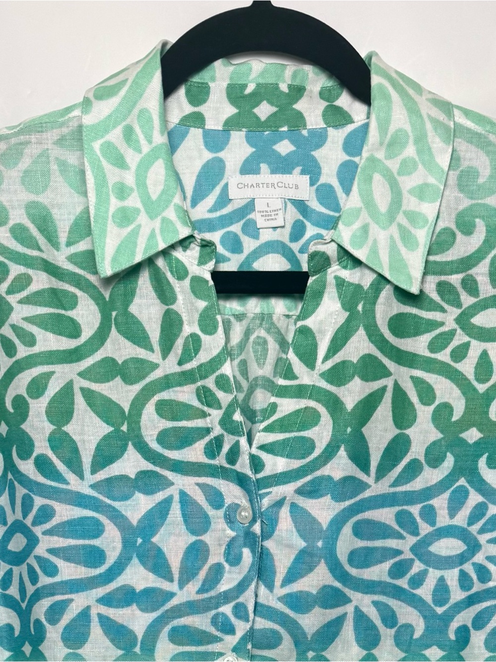 Charter Club Women’s Green and Blue Button-Down Linen Shirt, Large. NWOT - Picture 4 of 8